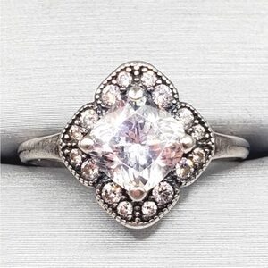 White Diamond Simulants 925 Sterling Silver Halo Milgrain Ring